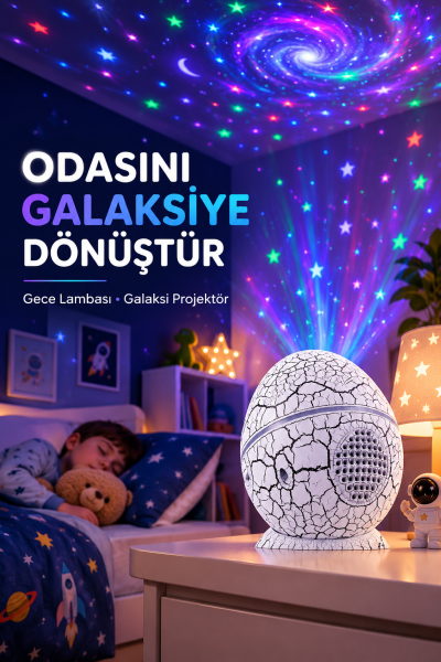 Dinozor Yumurtası Galaksi Projektör Gece Lambası 4'ü 1 Arada – Bluetooth Hoparlörlü - Lisinya