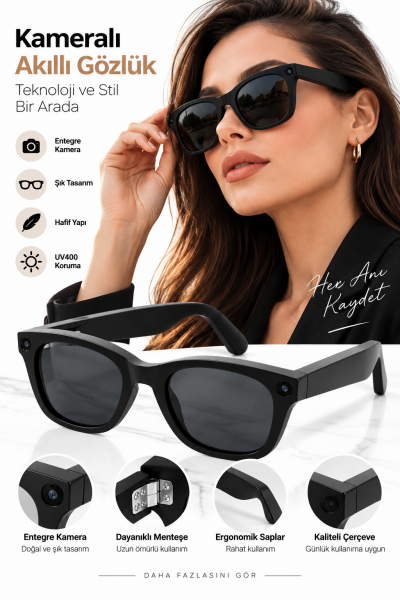 Kameralı Akıllı Gözlük Smart Glasses Güneş Gözlüğü Modern Siyah - Lisinya