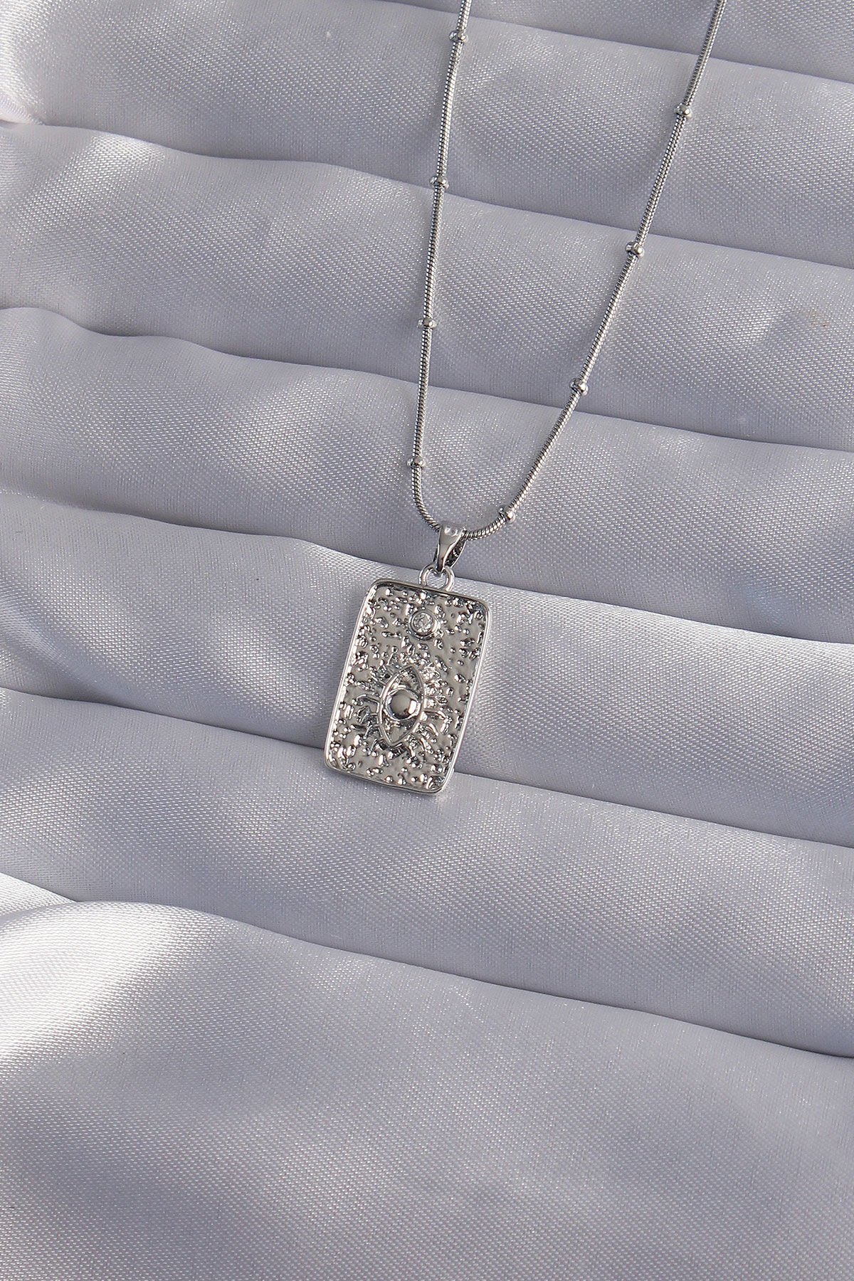 316L Çelik Zincir Gümüş Renk Lazer İşlemeli Göz Figür Tarot Kolye - Lisinya