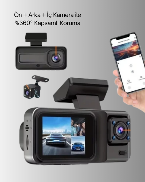 3 Kameralı Araç İçi Kayıt Cihazı 1080P Full HD Gece Görüşlü ve Wi-Fi Bağlantılı