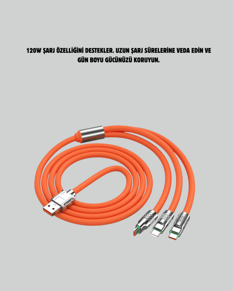 120 W Şarj ve Veri Aktarımı Kablo– 3 Başlıklı Çok Amaçlı Kablo Yüksek Hızlı - Lisinya
