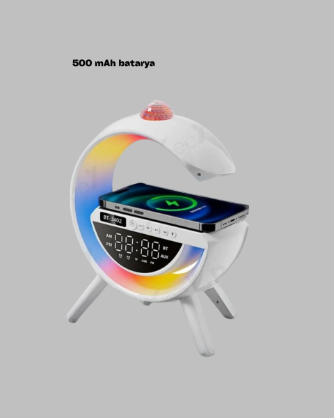 Dijital Saatli Kablosuz Şarj Destekli RGB LED Işıklı Bluetooth Ses Sistemi