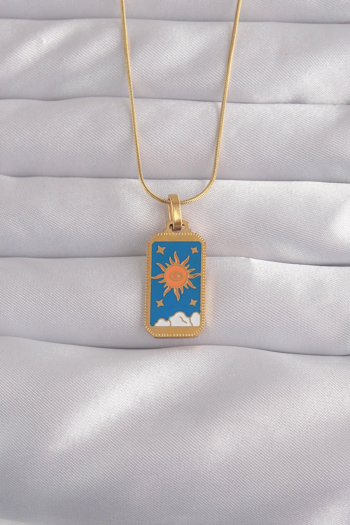 316L Çelik Gold Renk Mavi Mineli Güneş Model Tarot Kolye - Lisinya