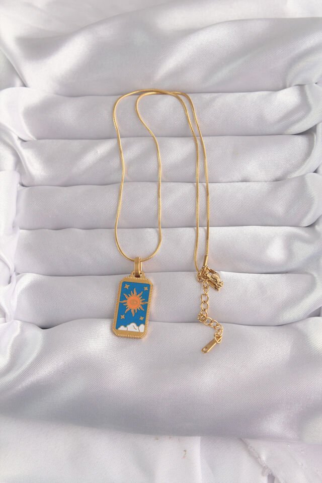 316L Çelik Gold Renk Mavi Mineli Güneş Model Tarot Kolye - Lisinya