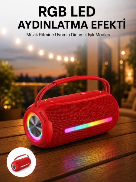 360 RGB LED'li Taşınabilir Bluetooth Hoparlör – Kırmızı, USB/TF Destekli - Lisinya
