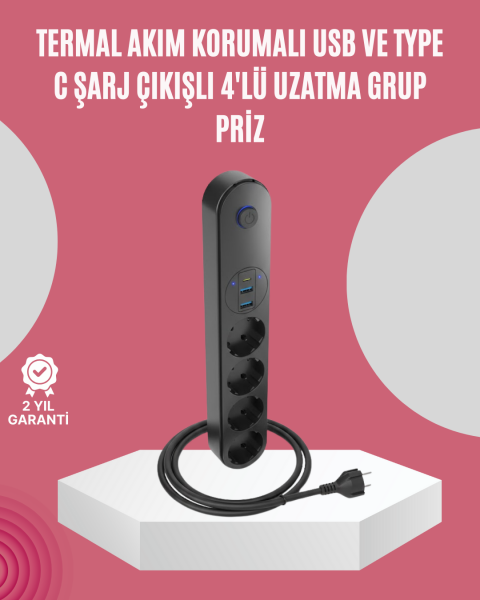 Led Anahtarlı Akım Korumalı Çoklu Priz 4 Priz 3 USB Girişli - Lisinya