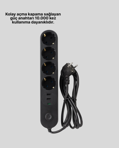 Led Anahtarlı Akım Korumalı Çoklu Priz 4 Priz 3 USB Girişli - Lisinya