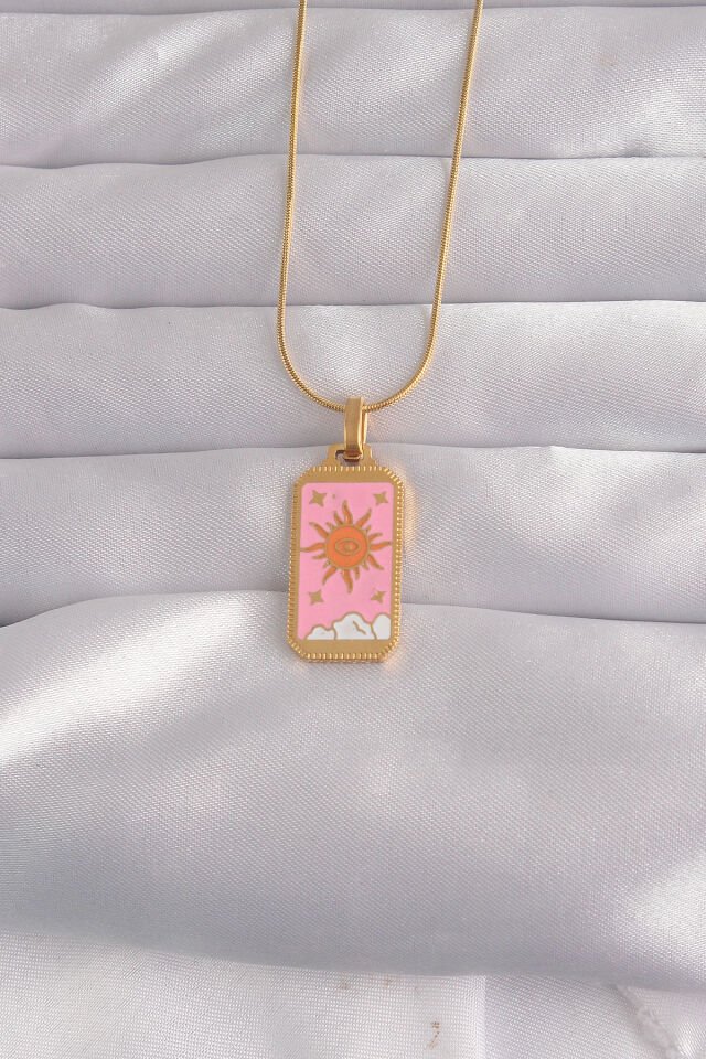 316L Çelik Gold Renk Pembe Mineli Güneş Model Tarot Kolye - Lisinya