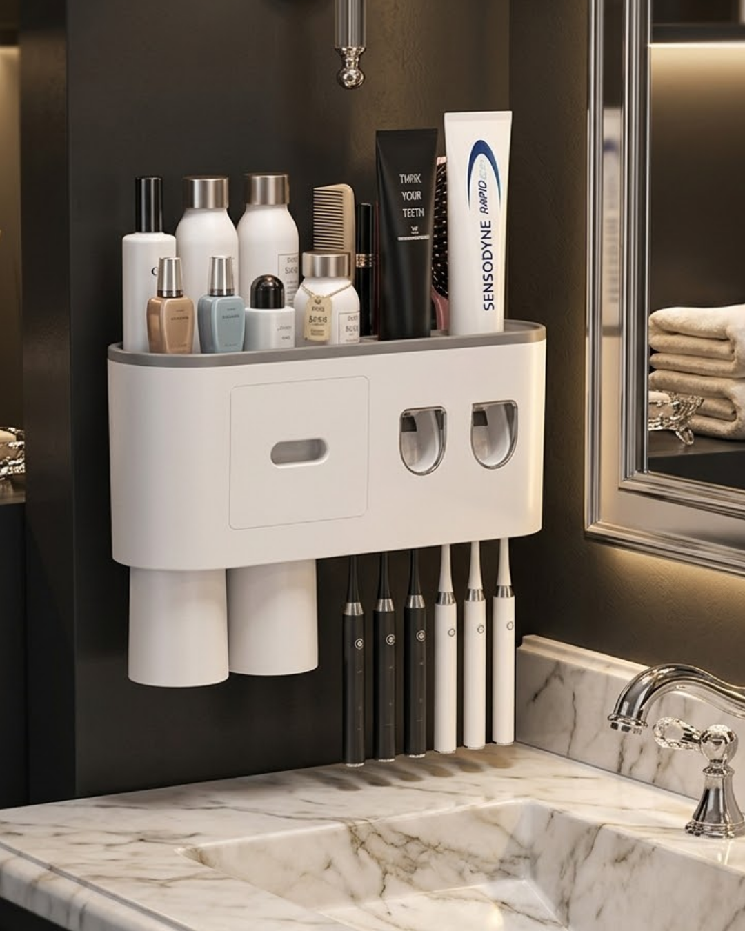 Çift Dispenserli Diş Macunu Sıkacağı 6 Fırçalık Bardaklı Banyo Organizer - Lisinya