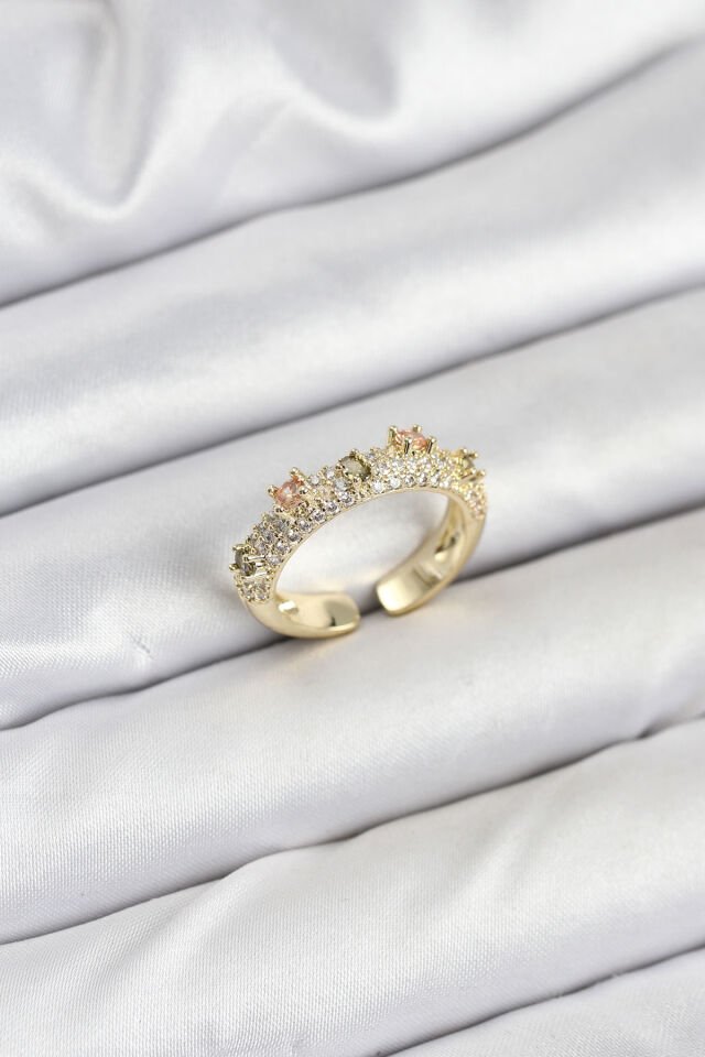 Pirinç Gold Renk Zirkon Taşlı Vintage Kadın Yüzük - Lisinya