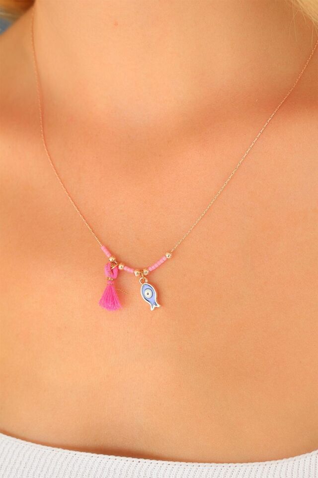 Nazar Boncuklu Pembe Renk Taşlı Rose Bayan Kolye - Lisinya