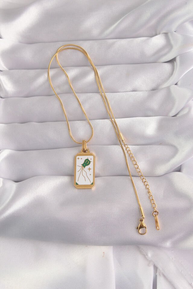 316L Çelik Gold Renk Beyaz Mineli Tarot Kolye - Lisinya