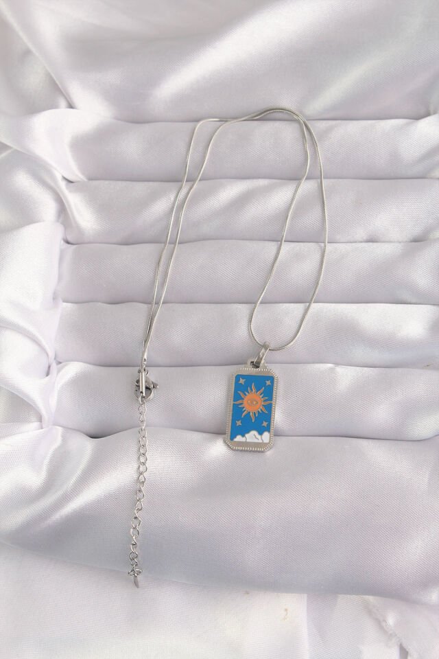 316L Çelik Gümüş Renk Mavi Mineli Güneş Model Tarot Kolye - Lisinya