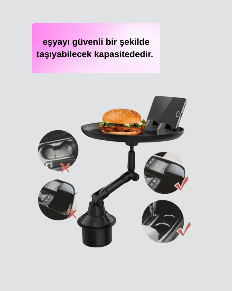 Ayarlanabilir Araç İçi Bardaklık Tepsisi 9 İnç Geniş Alan ve Telefon Standlı - Lisinya