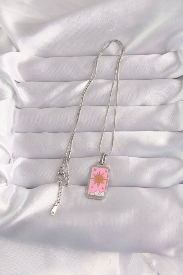 316L Çelik Gümüş Renk Pembe Mineli Güneş Model Tarot Kolye - Lisinya