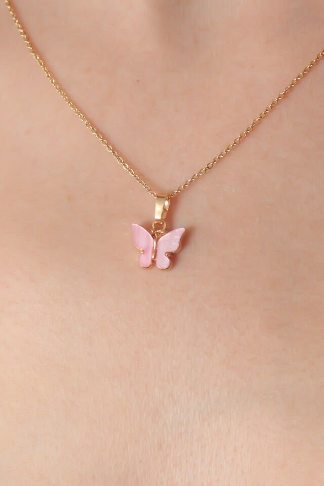 Gold Pembe Renk Kelebek Figür Kadın Kolye - Lisinya