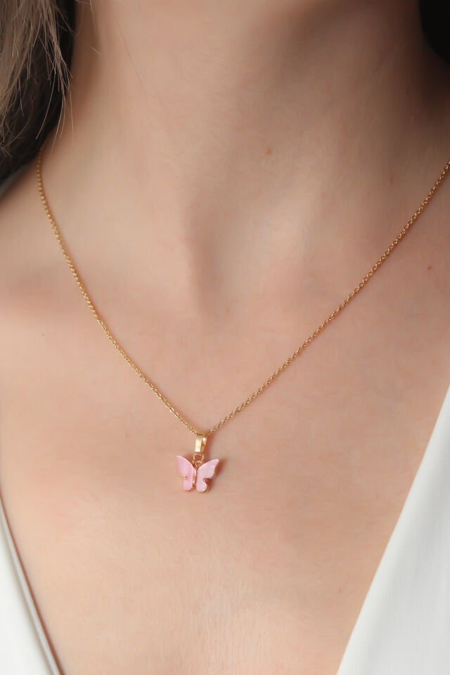 Gold Pembe Renk Kelebek Figür Kadın Kolye - Lisinya