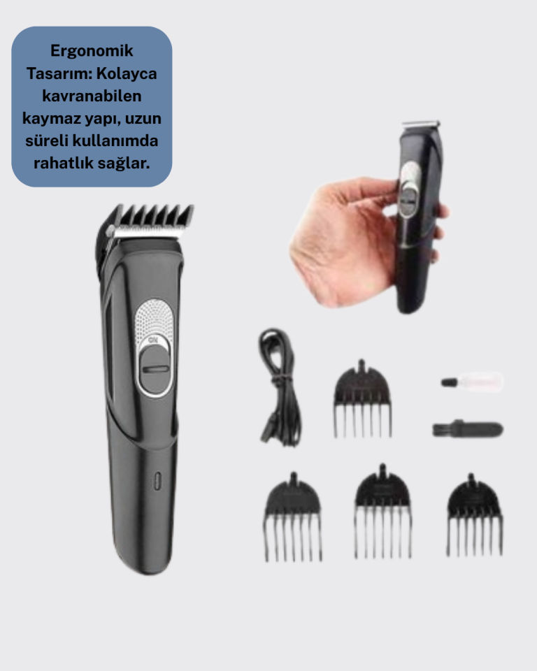 Kablosuz, Paslanmaz Çelik Bıçaklı Profesyonel Saç ve Sakal Tıraş Makinesi – Sessiz, Güçlü ve Ergonomik - Lisinya