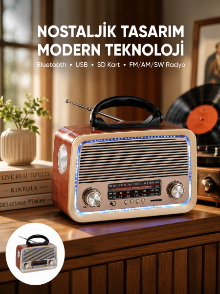 Nostalji Bluetooth Radyo FM AM SW Ahşap Eskitme Tasarım Yeni Nesil - Lisinya