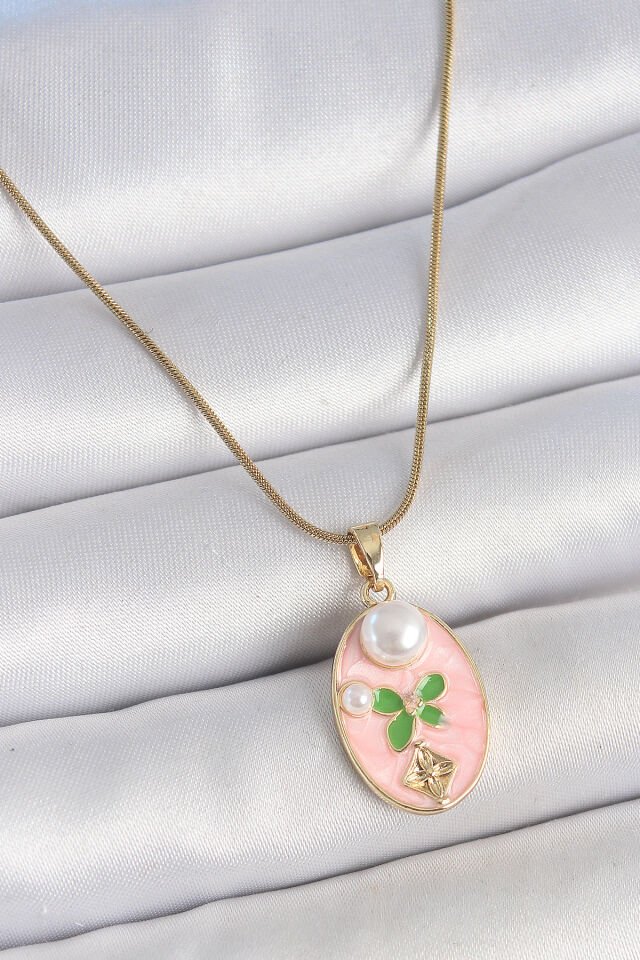 316L Çelik Gold Renk Zincir Pembe Mineli Oval İncili Çiçek İşlemeli Portre Model Kadın Kolye - Lisinya