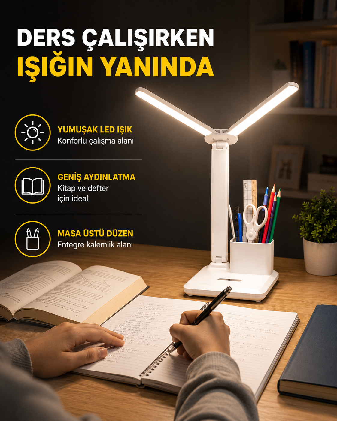 Kalemlik ve Telefon Standlı Masa Lambası – Kısılabilir LED Işık, Göz Dostu Tasarım Yeni Nesil - Lisinya