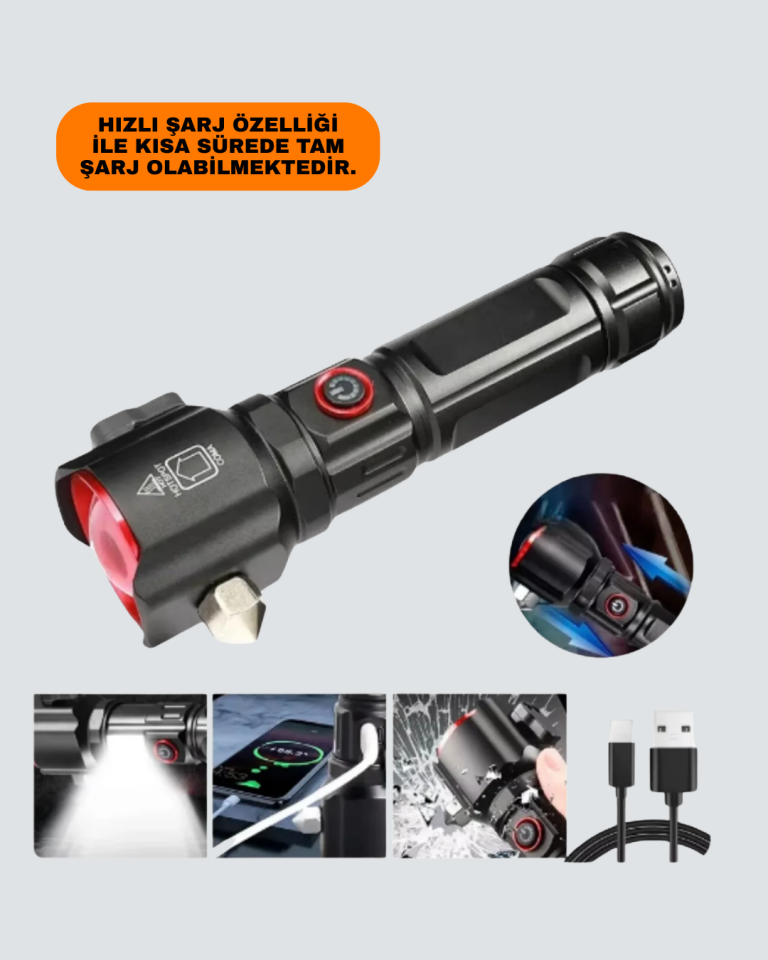 USB Şarjlı Çok Amaçlı El Feneri Çekiçli Pusulalı - Lisinya