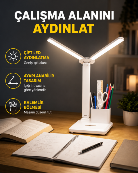 Kısılabilir LED Masa Lambası – Kalemlik ve Telefon Standlı, Göz Yormayan Işık Yeni Nesil - Lisinya
