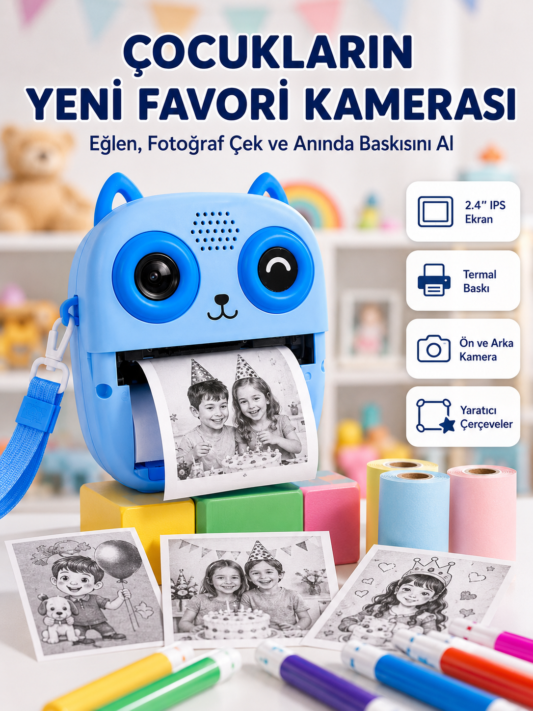 Anında Baskılı Çocuk Fotoğraf Makinesi Termal Yazıcılı Selfie Kamerası - Lisinya