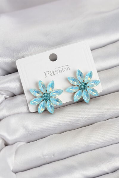 Buz Mavisi Renk Kristal Taşlı Lotus Çiçek Model Kadın Küpe - Lisinya
