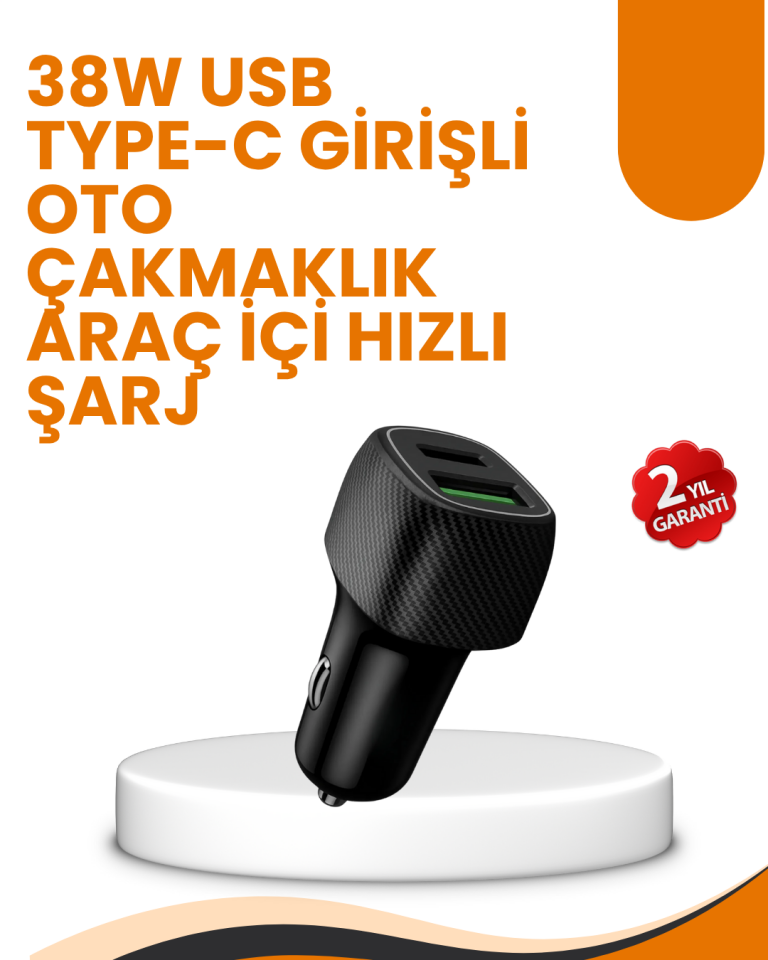YamanHobi USB Type-C Araç Şarj Adaptörü 38W Hızlı Şarj Destekli