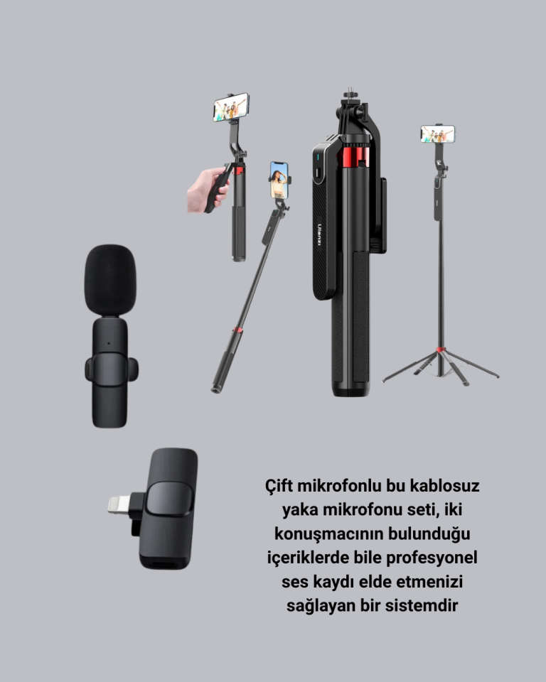 Kablosuz Çift Yaka Mikrofonu ve Tripodlu Selfie Çubuğu İçerik Üretici Seti - Lisinya
