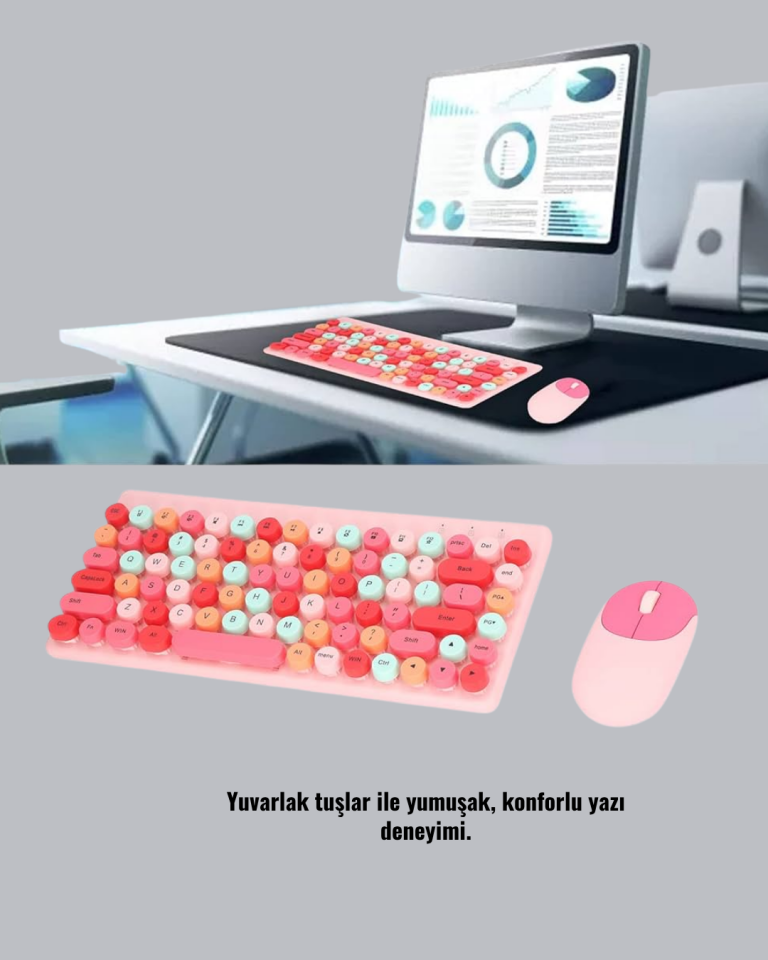 Renkli Retro Tuş Takımlı Klavye – 3 Cihaz Bağlantısı, Medya Kısayol Tuşları - YamanHobi