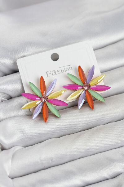 Karışık Renk Kristal Taşlı Lotus Model Kadın Küpe - Lisinya