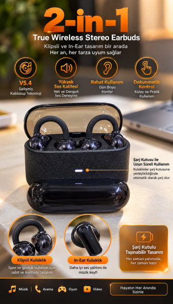 2’si 1 Arada Kablosuz Bluetooth Kulaklık 4 Kulaklıklı Klipsli ve Kulak İçi Tasarım Hi Fi Ses Dokunmatik Kontrol V5.4 Şarj Kutulu Siyah - Lisinya