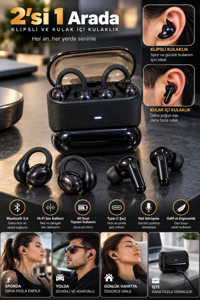 4 Kulaklıklı Kablosuz Bluetooth Kulaklık Klipsli ve Kulak İçi Kullanım 2’si 1 Arada Hi Fi Yüksek Ses Kalitesi Dokunmatik Kontrol Şarj Kutusu Siyah - Lisinya