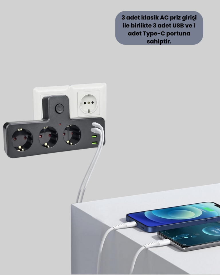 USB ve Type-C Portlu Anahtarlı Çoklu Priz Güç Ünitesi - Lisinya