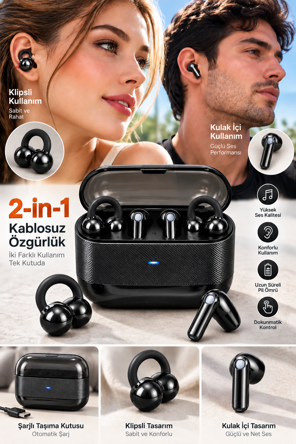 4 Kulaklıklı 2’si 1 Arada Kablosuz Bluetooth Kulaklık Klipsli Kulak İçi Siyah - Lisinya