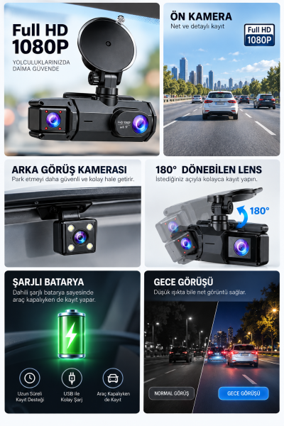 Ön Arka Kayıt 1080P Full HD 180° Geniş Açı Şarjlı Kullanım - Lisinya