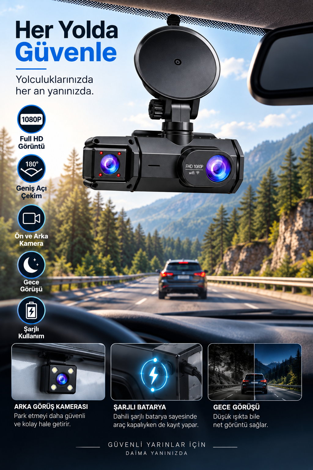 Ön Arka Kayıt 1080P Full HD 180° Geniş Açı Şarjlı Kullanım - Lisinya