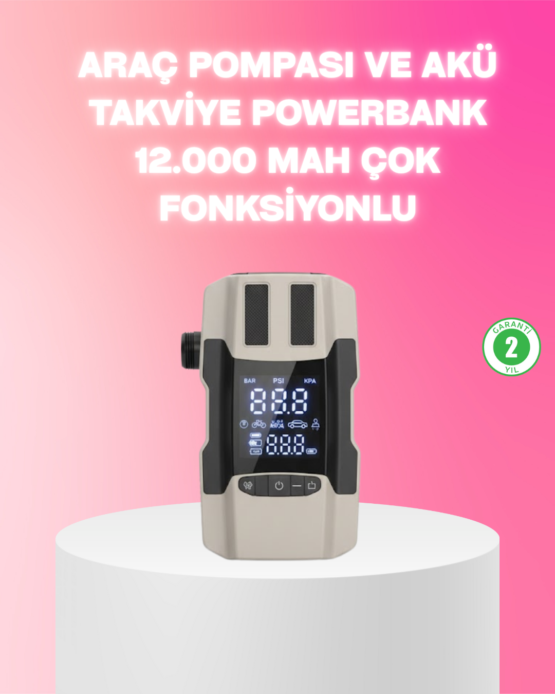 Araç Hava Pompası ve Akü Takviye Powerbank 12.000 mAh Çok Fonksiyonlu - Lisinya