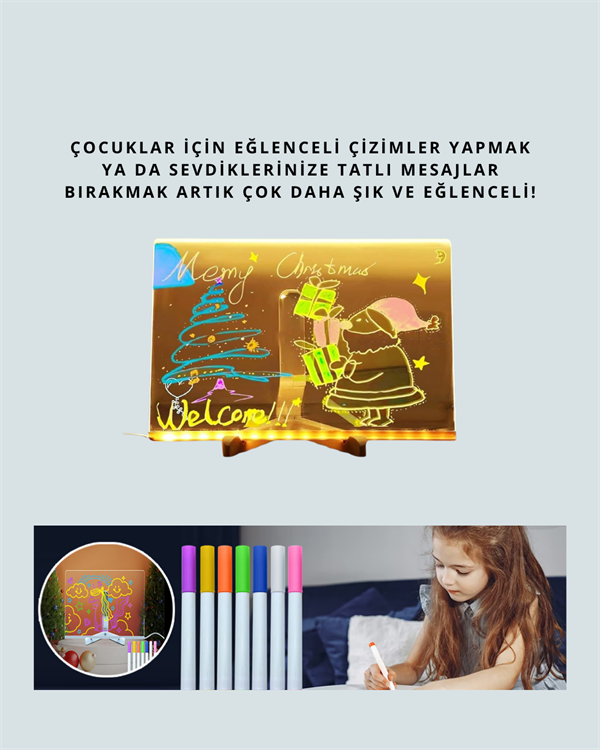 LED Işıklı Şeffaf Yazı Tahtası – Neon Etkili Akrilik Pano, Silinebilir, 7 Renkli Kalemli, 30x20 cm - Lisinya
