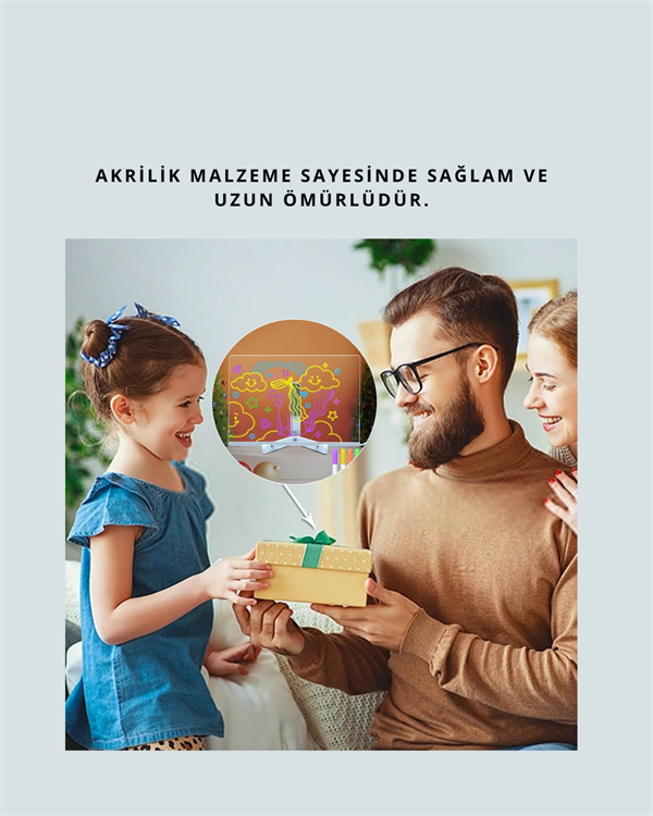 LED Işıklı Şeffaf Yazı Tahtası – Neon Etkili Akrilik Pano, Silinebilir, 7 Renkli Kalemli, 30x20 cm - Lisinya