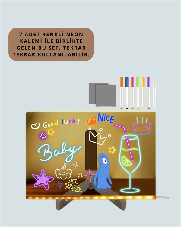 LED Işıklı Şeffaf Yazı Tahtası – Neon Etkili Akrilik Pano, Silinebilir, 7 Renkli Kalemli, 30x20 cm - Lisinya