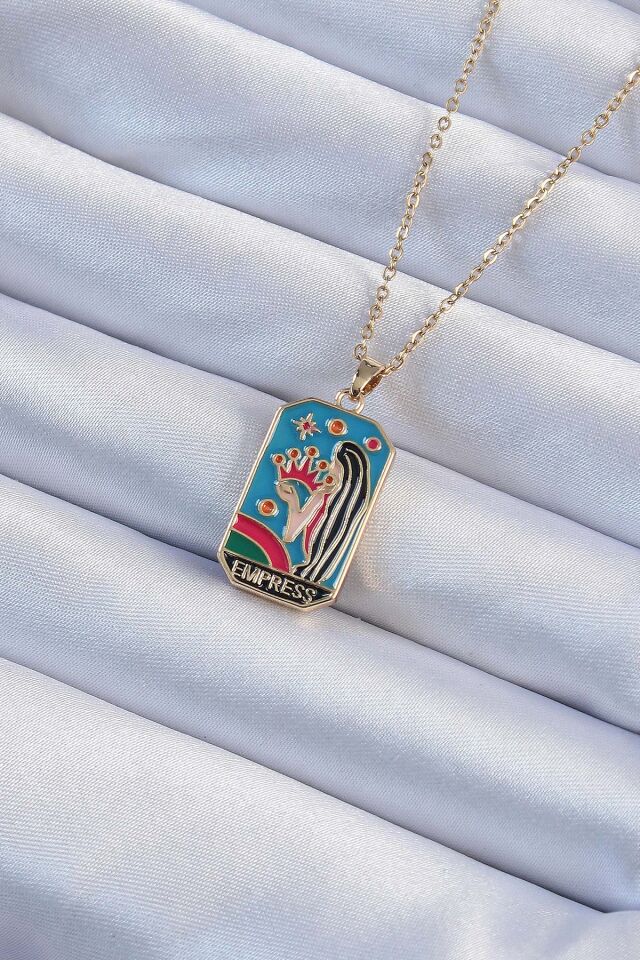 316L Çelik Zincir Altın Renk Taç ve Kız Figürlü Renkli Mineli Tarot Kolye - Lisinya