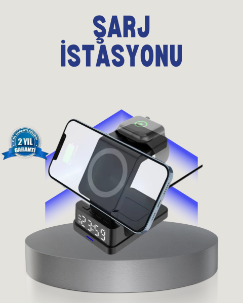 Kablosuz Şarj Cihazı ve Dijital Saat 4’ü 1 Arada Hızlı Şarj, LED Işıklı Tasarım - Lisinya