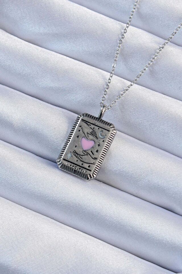316L Çelik Zincir Eskitme Gümüş Renk Pembe Mineli Kalp Figürlü Tarot Kolye - Lisinya