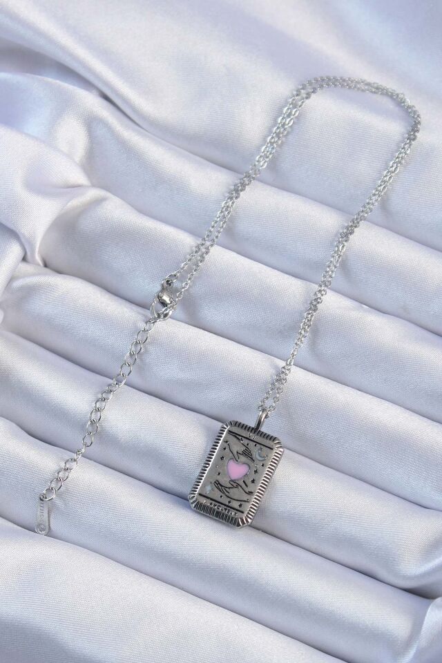 316L Çelik Zincir Eskitme Gümüş Renk Pembe Mineli Kalp Figürlü Tarot Kolye - Lisinya