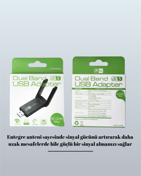 Yüksek Hızlı 1200 Mbps Çift Bant USB WiFi Adaptör – Güçlü Sinyal, Geniş Uyumluluk