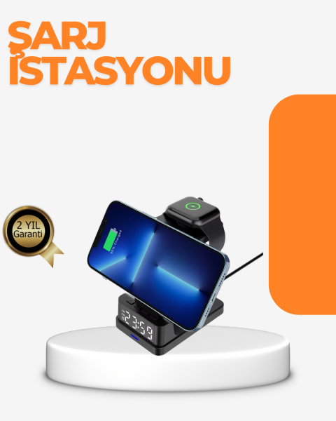 4’ü 1 Arada Kablosuz Şarj İstasyonu LED Saat Ekranlı, Akıllı Güvenlik Koruması - Lisinya