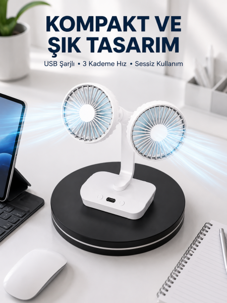 720° Döner Çift Taraflı Masaüstü Vantilatör – USB Şarjlı Sessiz Fan - Lisinya